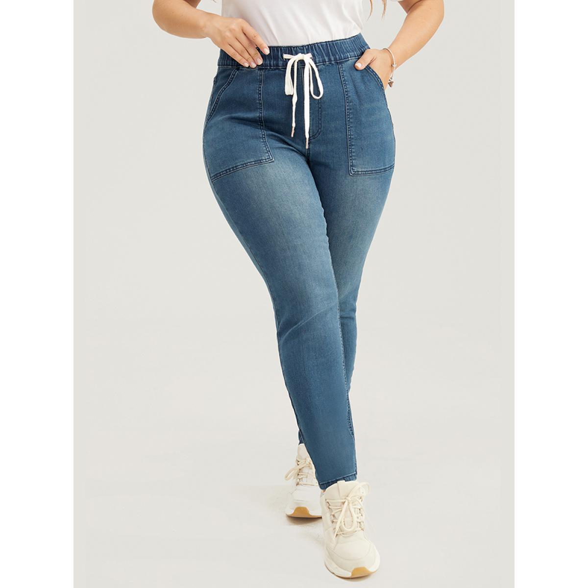 Plus Size Slightly Stretchy High Rise Dark Wash Drawstring Jeans Women DarkBlue Casual Plain Pocket Low stretch Pocket Jeans BloomChic 14/1X Product Image