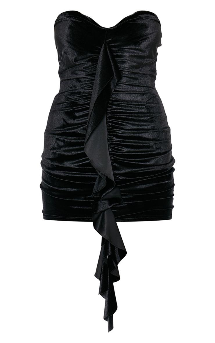 Black Velvet Ruched Front Drape Detail Bodycon Dress Product Image