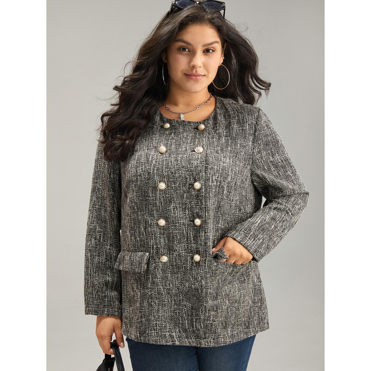 Plus Size Tweed Plisse Double Breasted Flap Pocket Coat Women Black Casual Texture Ladies Dailywear Winter Coats BloomChic 18-20/2X Product Image