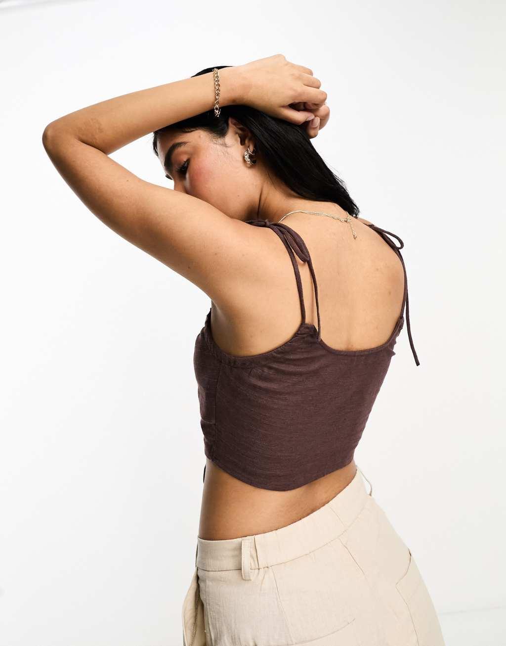 ASOS DESIGN ruched keyhole strappy crop top with tie shoulder detail Product Image