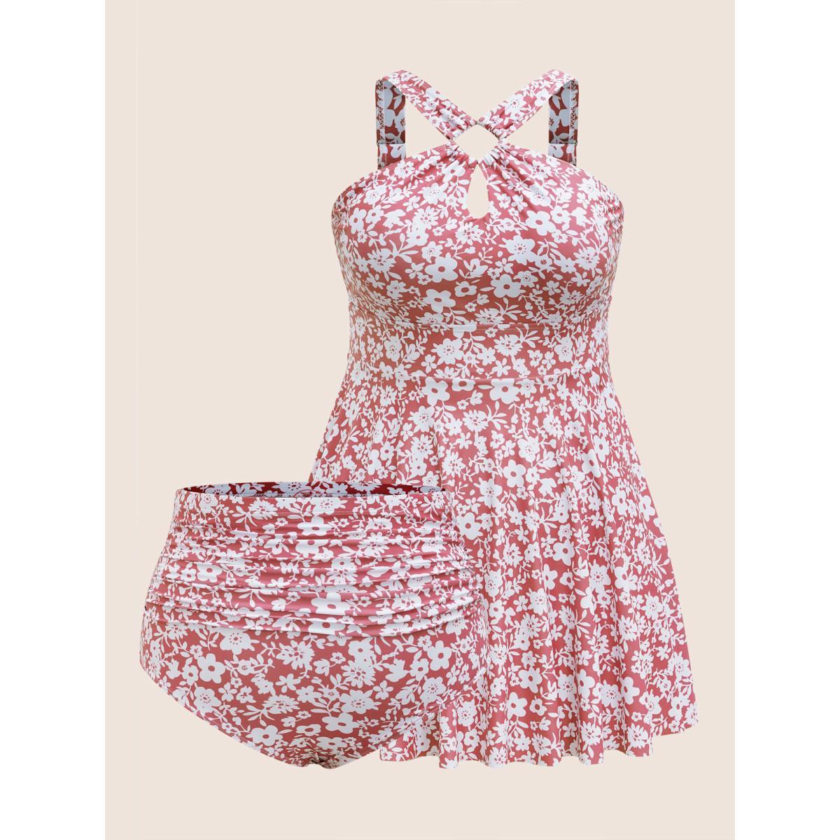 Plus Size Ditsy Floral Keyhole Split Hem Ruched Swim Dress Women's Swimwear Salmon Beach Bodycon Asymmetrical Neck High stretch Curve Swim Dresses BloomChic 30/6X Product Image