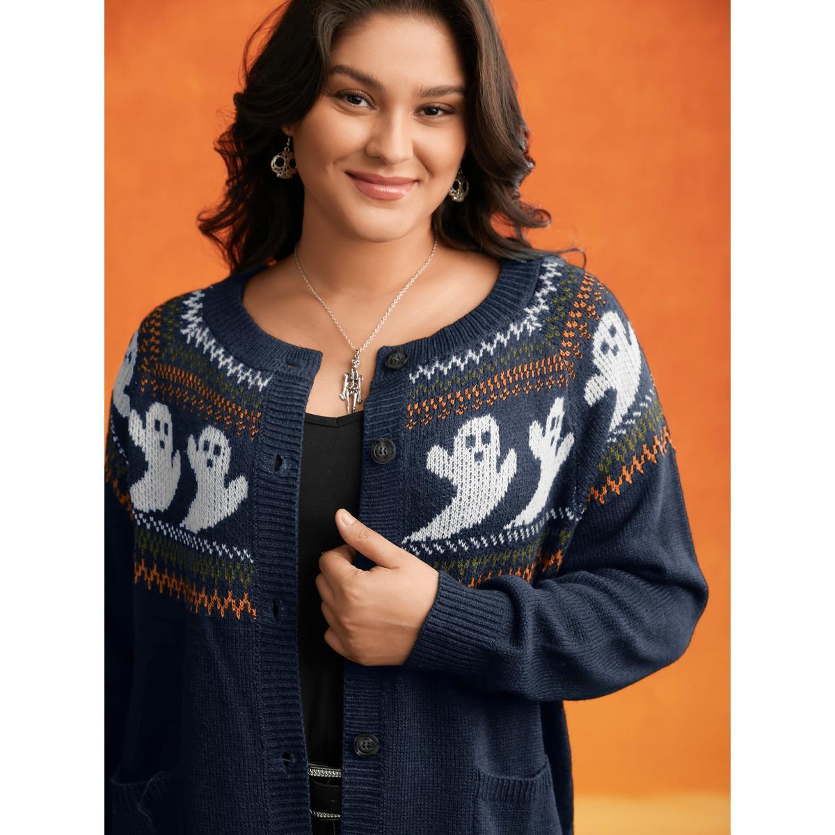 Plus Size Ghostly Fair Isle Button-Up Cardigan Indigo Women Casual Long Sleeve Everyday Cardigans BloomChic 22-24/3X Product Image