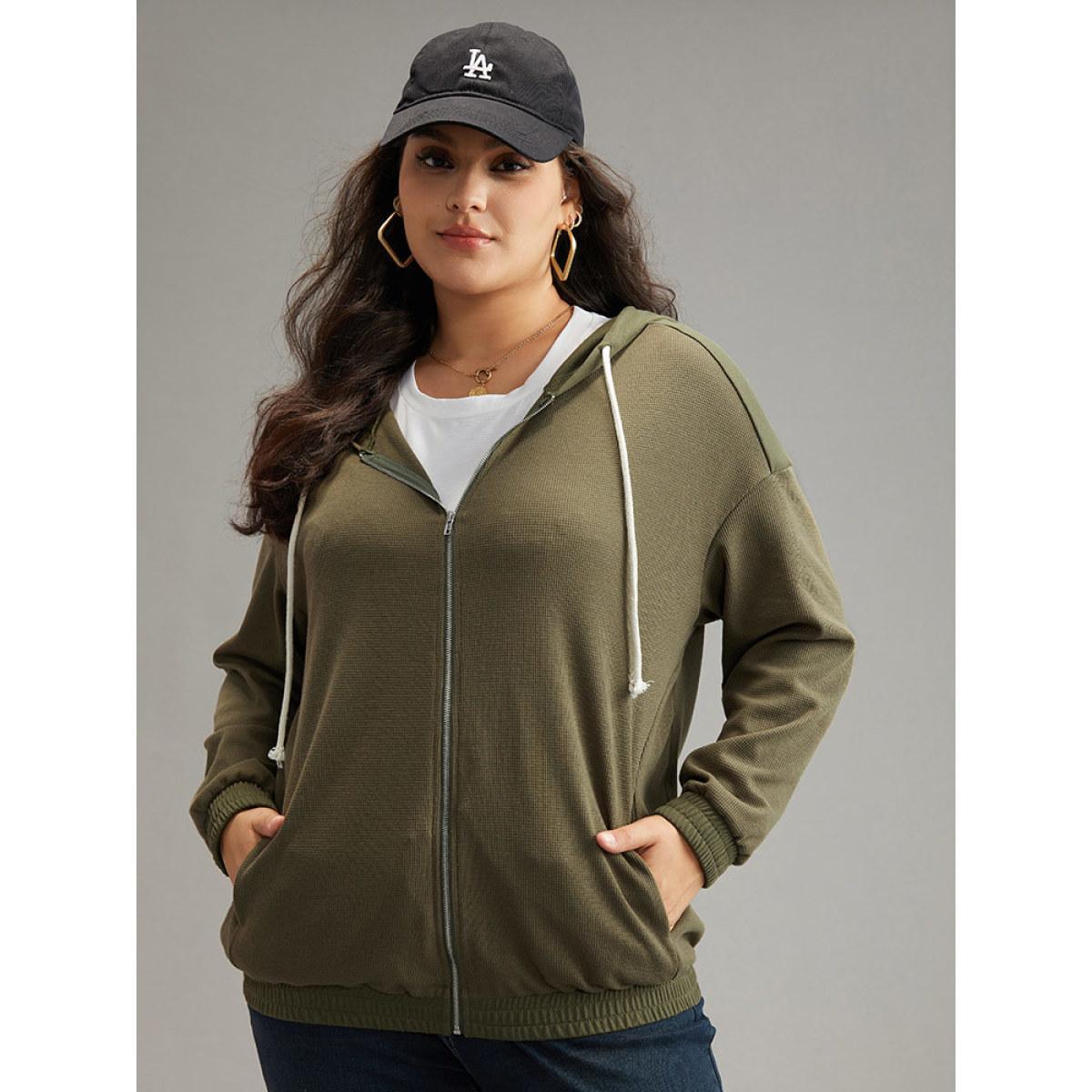 Plus Size Waffle Knit Hooded Drawstring Sweatshirt Women ArmyGreen Casual Plain Loose Hooded Dailywear Sweatshirts BloomChic 18-20/2X Product Image