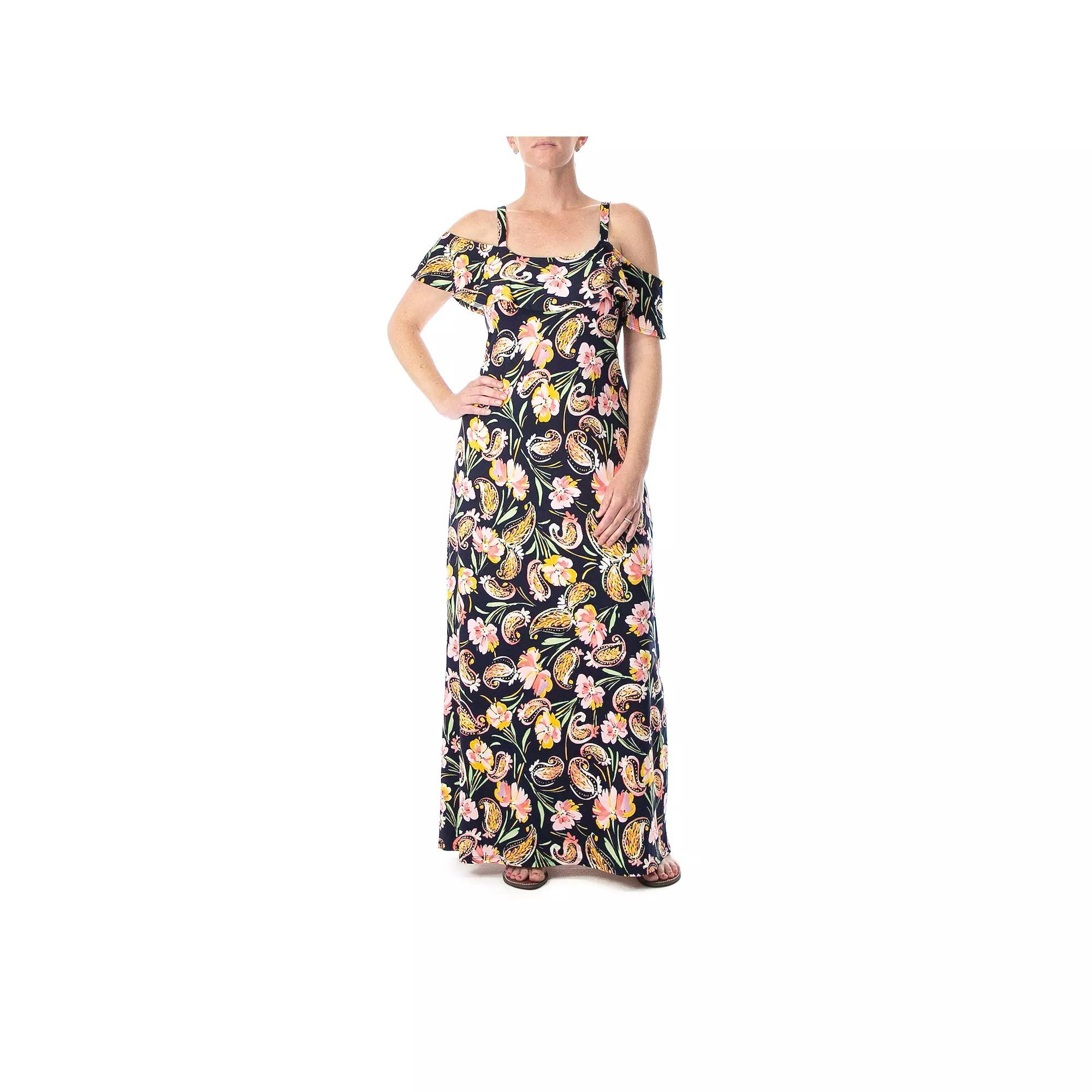 Women's Nina Leonard Print Cold-Shoulder Maxi Dress, Size: Medium, Blue Sunset Team Product Image