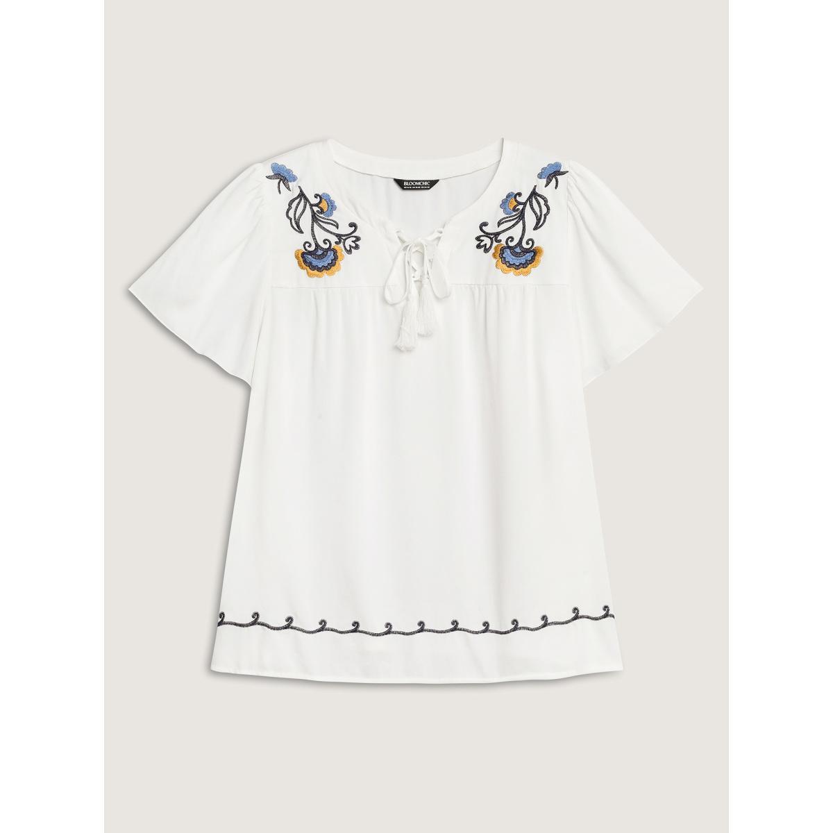 Plus Size Ivory Floral Embroidered Cross-Tie Neck Blouse Women Short sleeve Notched collar Vacation Blouses BloomChic 12/L Product Image