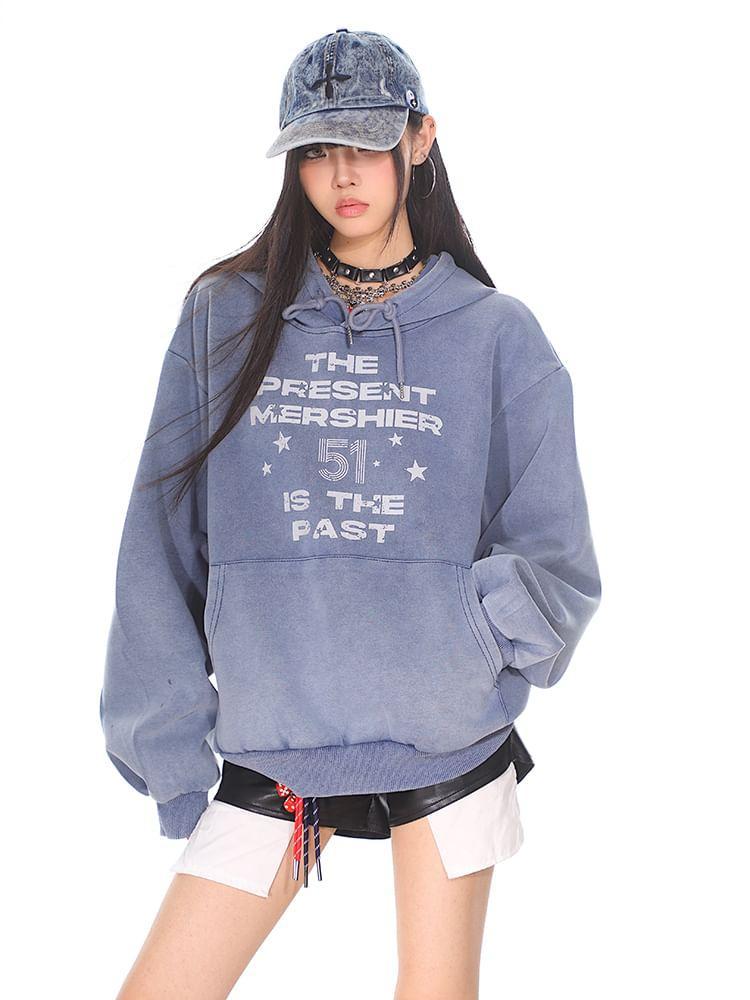Lettering Washed Loose-Fit Hoodie Product Image