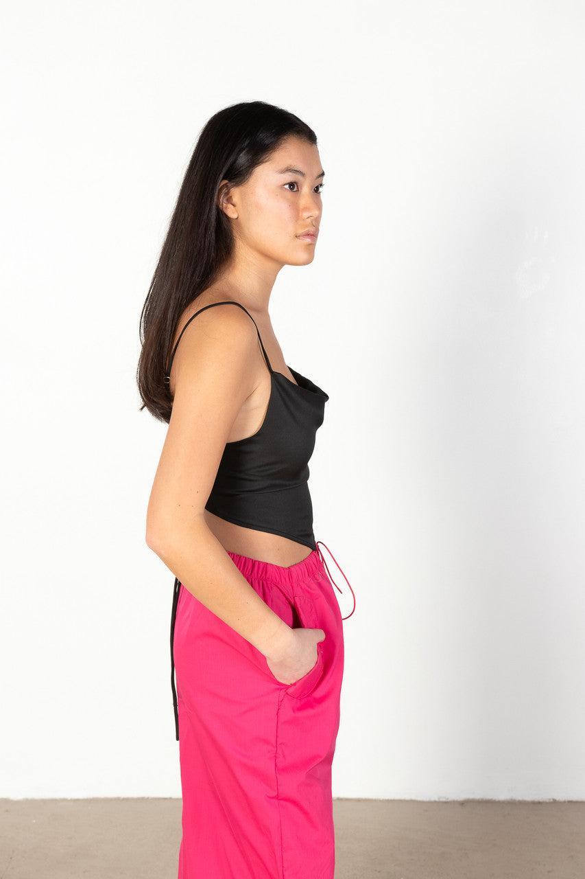 Black Lace Up Back Satin Crop Top Product Image