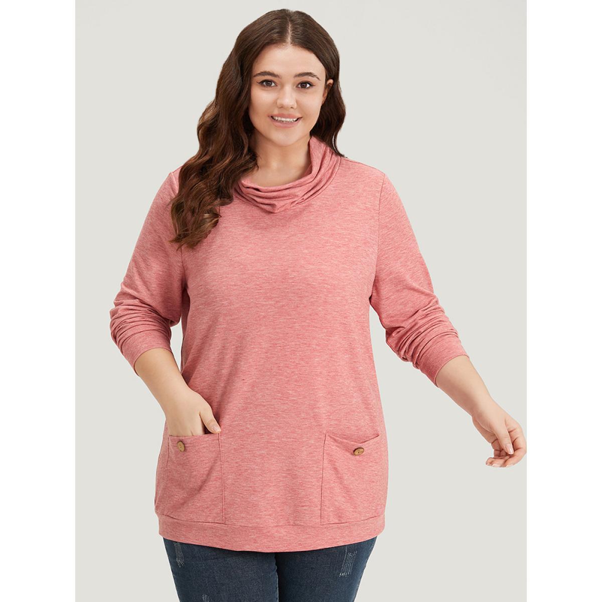 Plus Size Plain Heather Turtleneck Pocket Button Detail Sweatshirt Women Russet Casual Printed Turtleneck Dailywear Sweatshirts BloomChic 14-16/1X Product Image