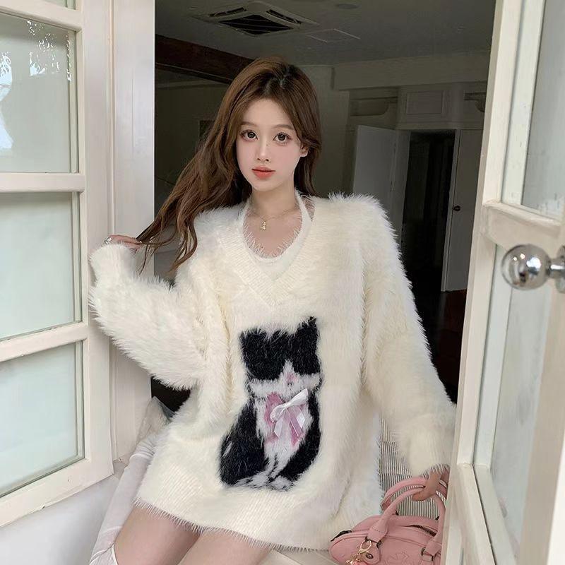 Set: V-Neck Cat Jacquard Bow Accent Fluffy Sweater + Halter Neck Top Product Image
