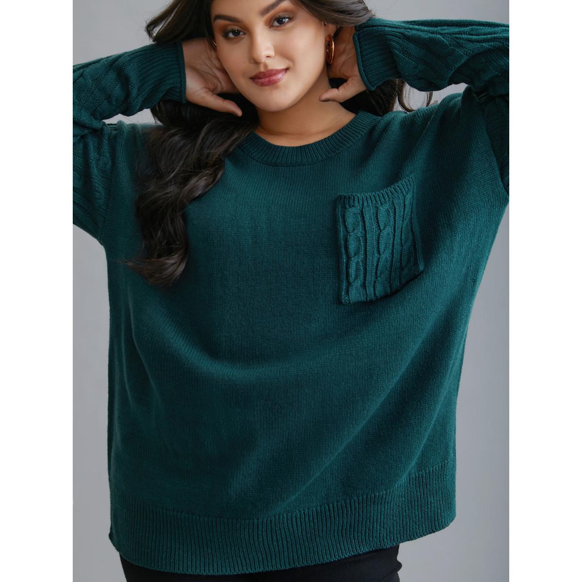 Plus Size Cable Knit Sleeve Chest Pocket Pullover Cyan Women Casual Loose Long Sleeve Round Neck Everyday Pullovers BloomChic 18-20/2X Product Image
