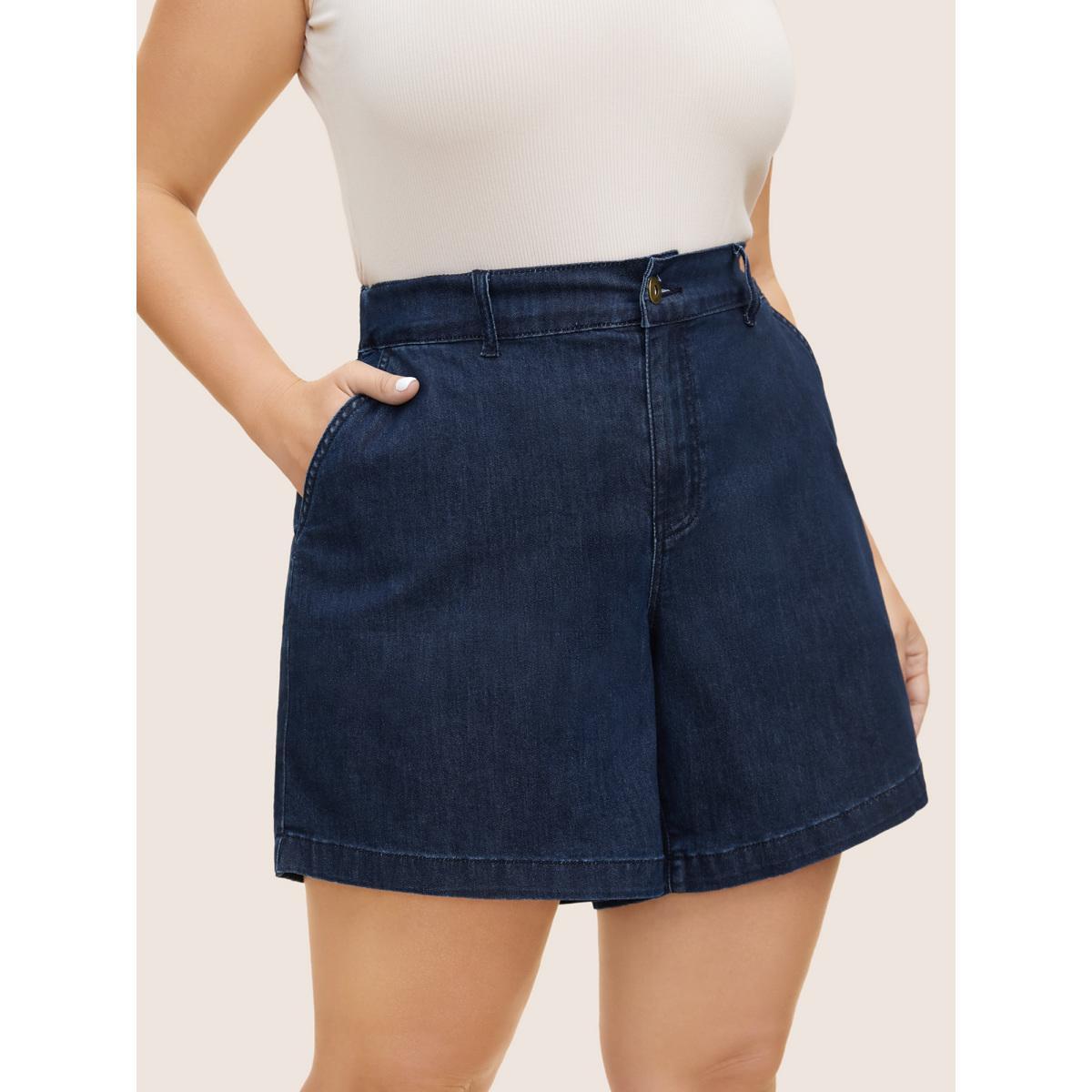 Plus Size Dark Wash Slanted Pocket Loose Denim Shorts Women Denimindigo Button Medium stretch Everyday Slanted pocket Casual Denim Shorts BloomChic 16/1X Product Image