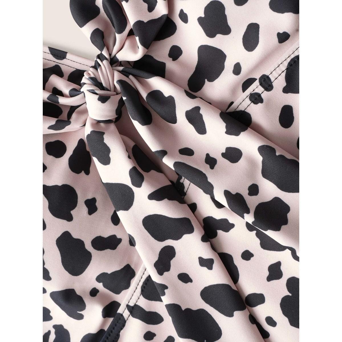 Plus Size Leopard Bowknot Front Waistline Inside Swim Top Women's Swimwear Apricot Beach Non High stretch Bodycon V-neck Curve Swim Tops BloomChic 18-20/2X Product Image