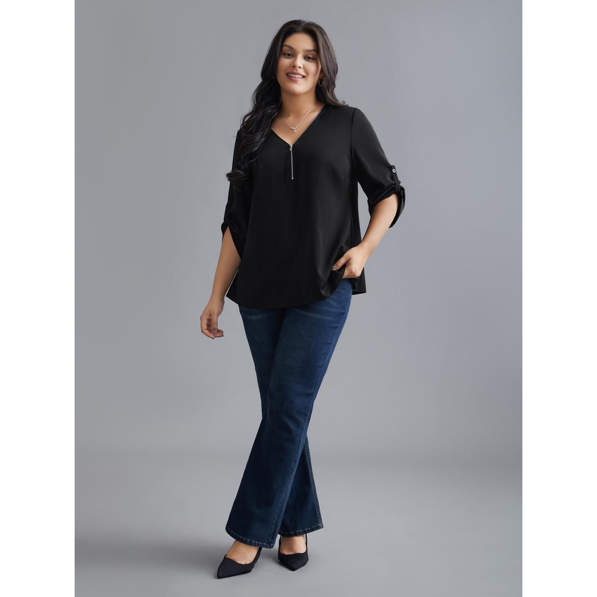 Plus Size Black Plain V Neck Half Zip Tab Sleeve Blouse Women Elegant Elbow-length sleeve V-neck Everyday Blouses BloomChic 30/6X Product Image