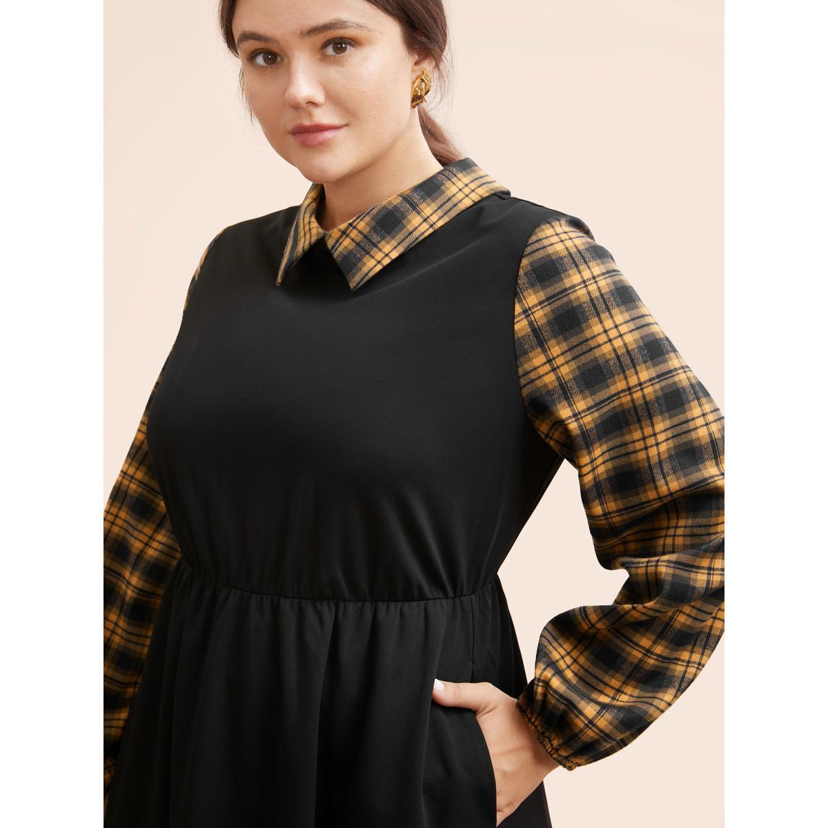 Plus Size Plaid Patchwork Elastic Waist Midi Dress Mustardyellow Women At the Office Patchwork Shirt collar Long Sleeve Curvy BloomChic 18-20/2X Product Image