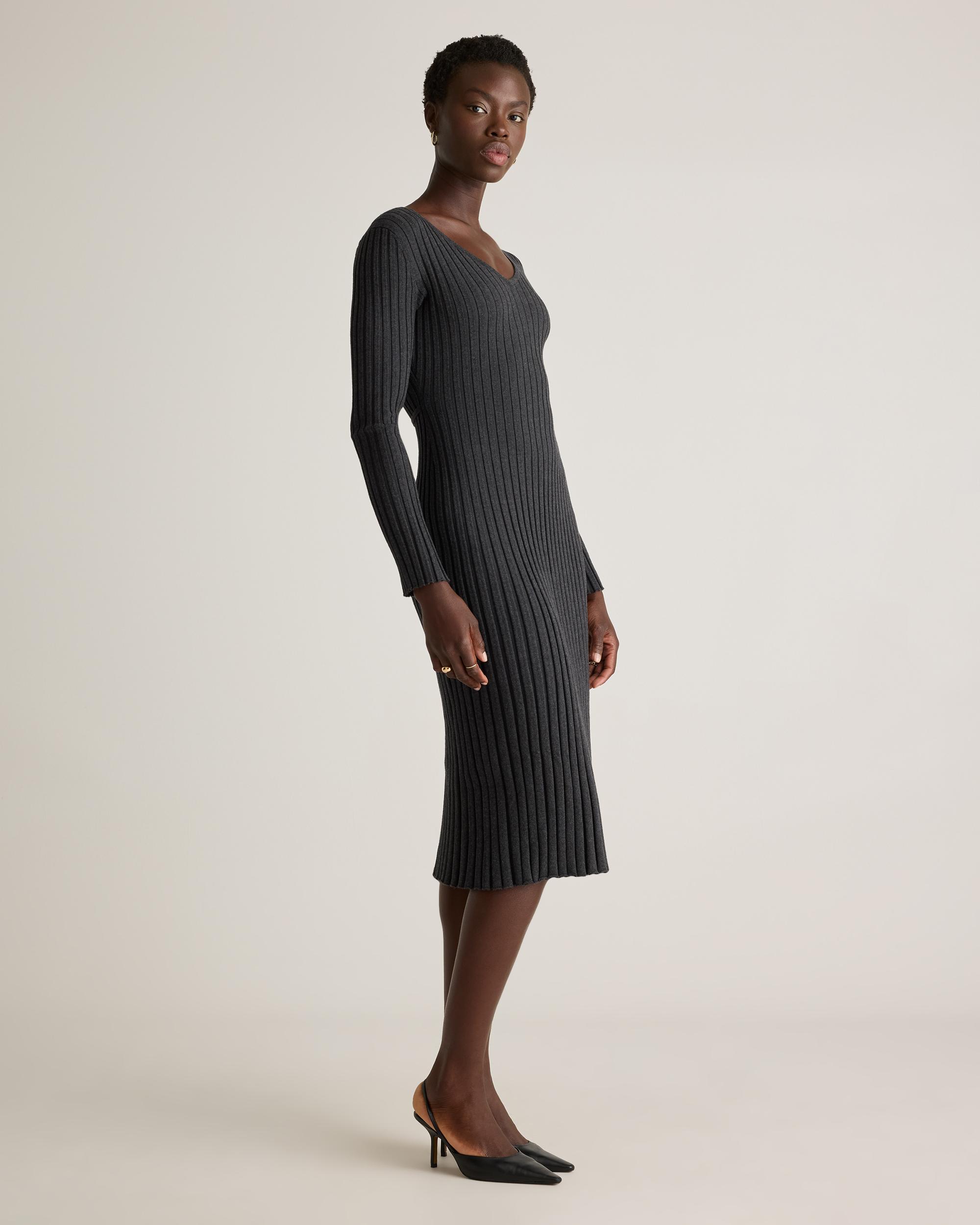 Quince | Women's Cotton Cashmere Ribbed Long Sleeve V-Neck Midi Dress Product Image