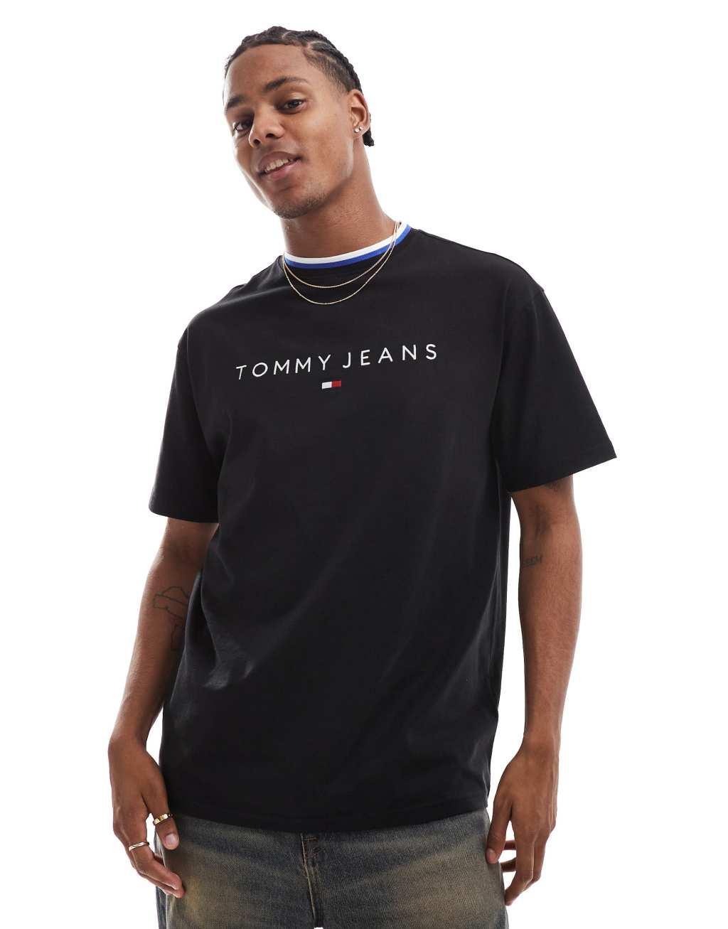 Tommy Jeans linear logo ringer T-shirt in black Product Image