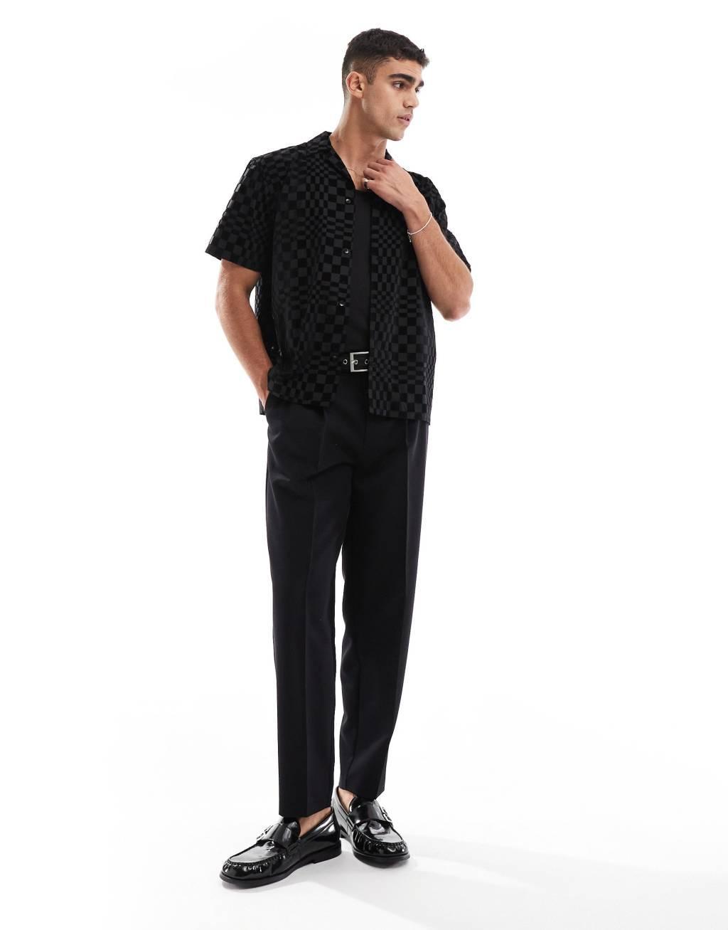 Twisted Tailor checkerboard short sleeve shirt in black Product Image