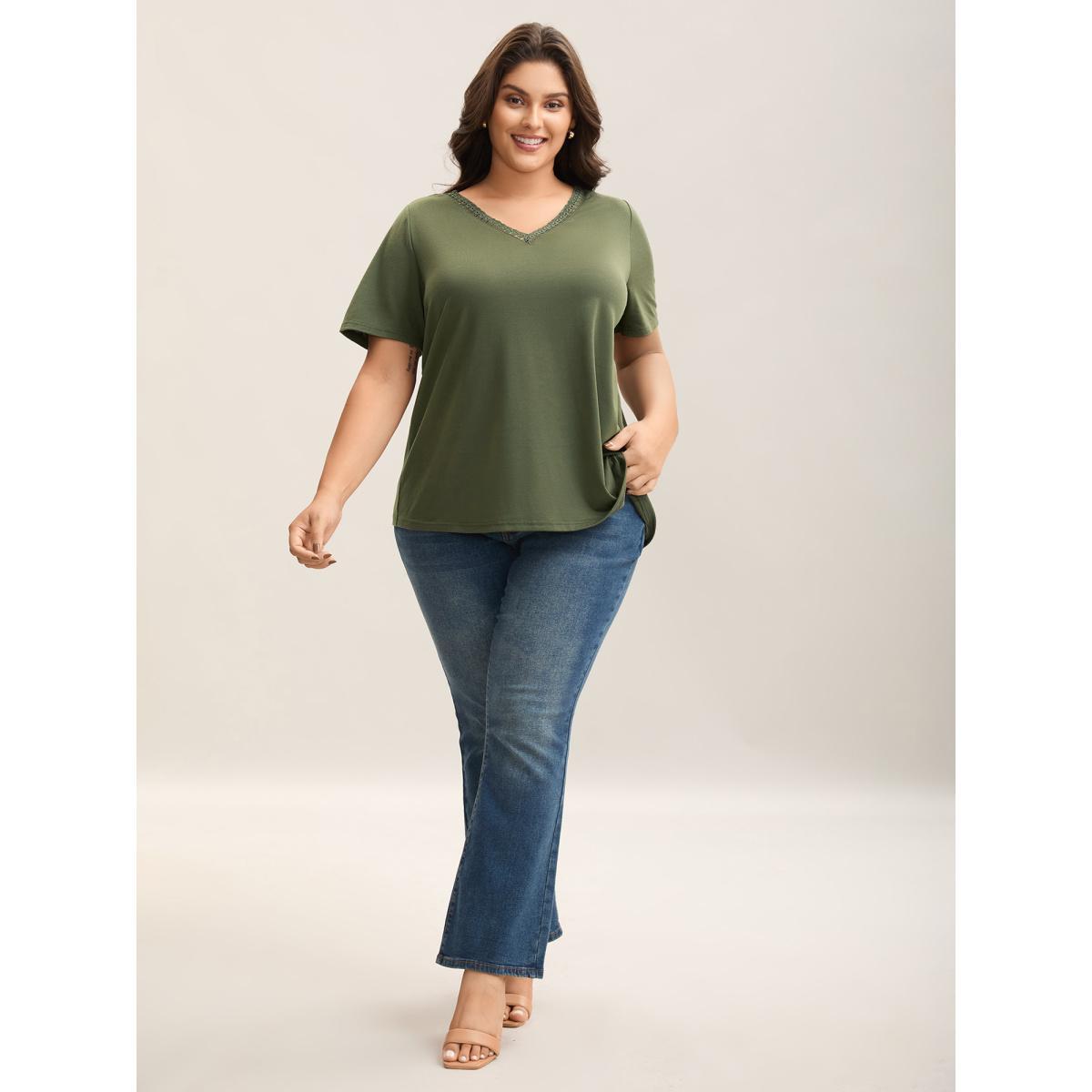 Plus Size Stretchy Floral Back Cut-Out T-Shirt ArmyGreen Women Elegant Woven ribbon&lace trim V-neck Everyday T-shirts BloomChic 30/6X Product Image