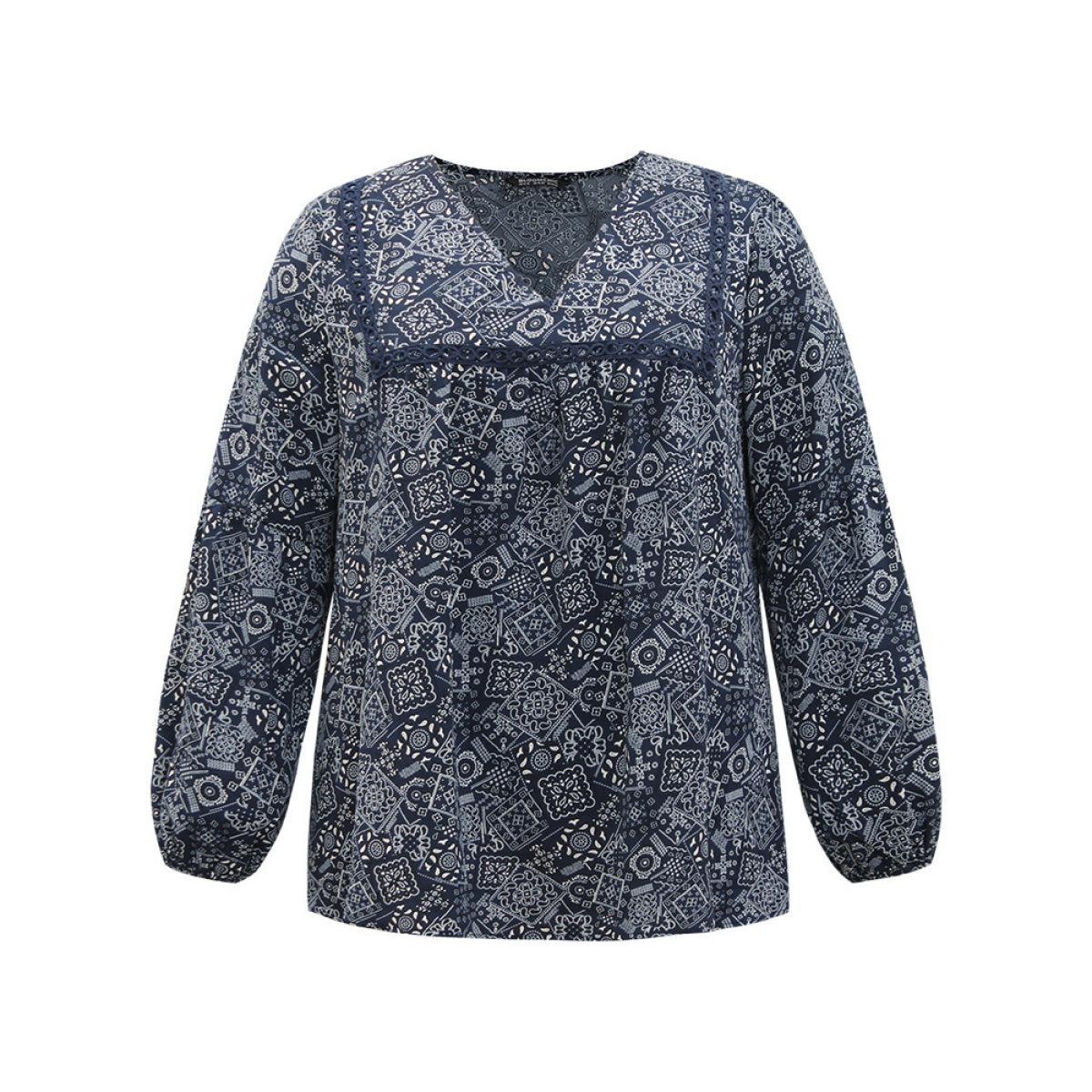 Plus Size Indigo Bandana Lace Insert Lantern Sleeve Blouse Women Resort Long Sleeve V-neck Vacation Blouses BloomChic 14-16/1X Product Image