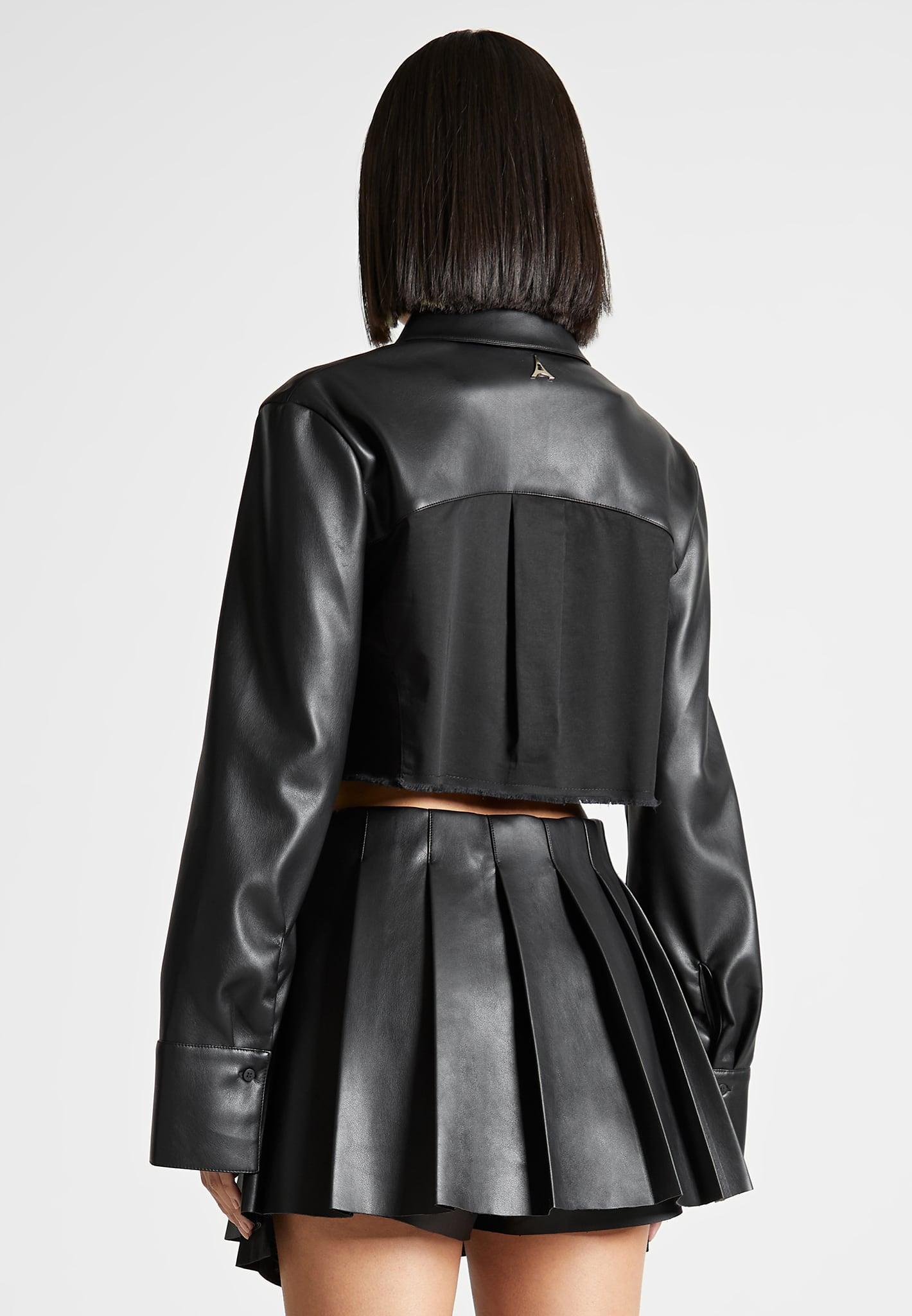 Leather Contrast Cropped Shirt - Black Female Product Image