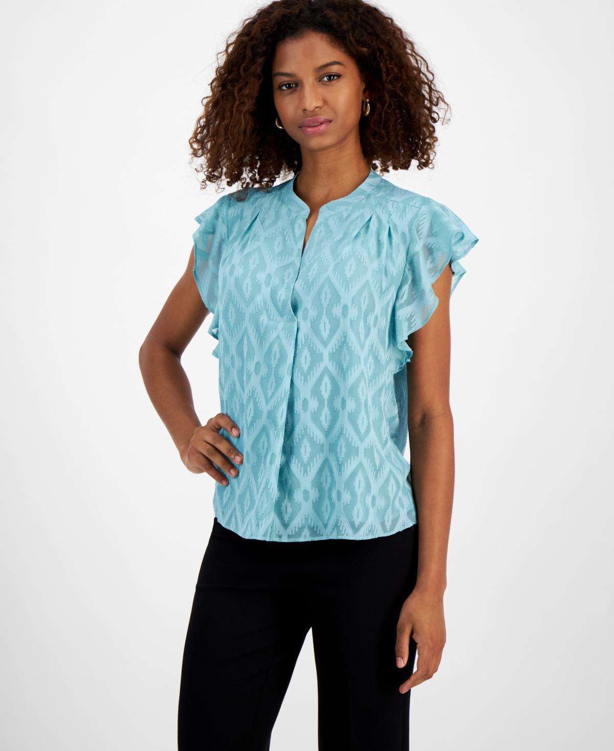T Tahari Womens Flutter-Sleeve Split-Neck Top Product Image