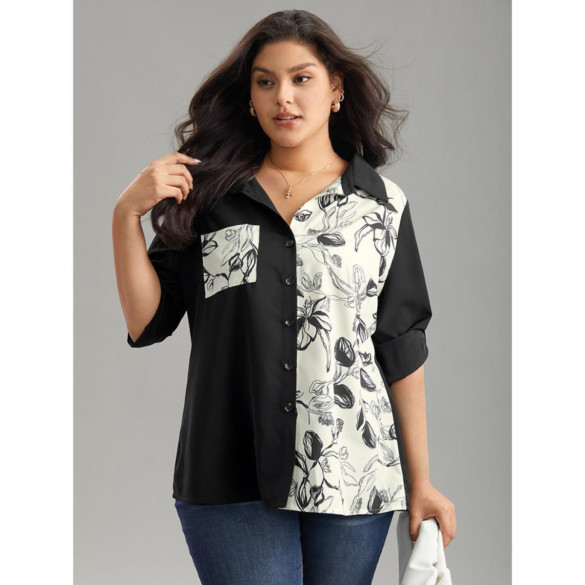Plus Size Black Silhouette Floral Print Twill Shirt Collar Contrast Blouse Women Office Long Sleeve Shirt collar Work Blouses BloomChic 30/6X Product Image