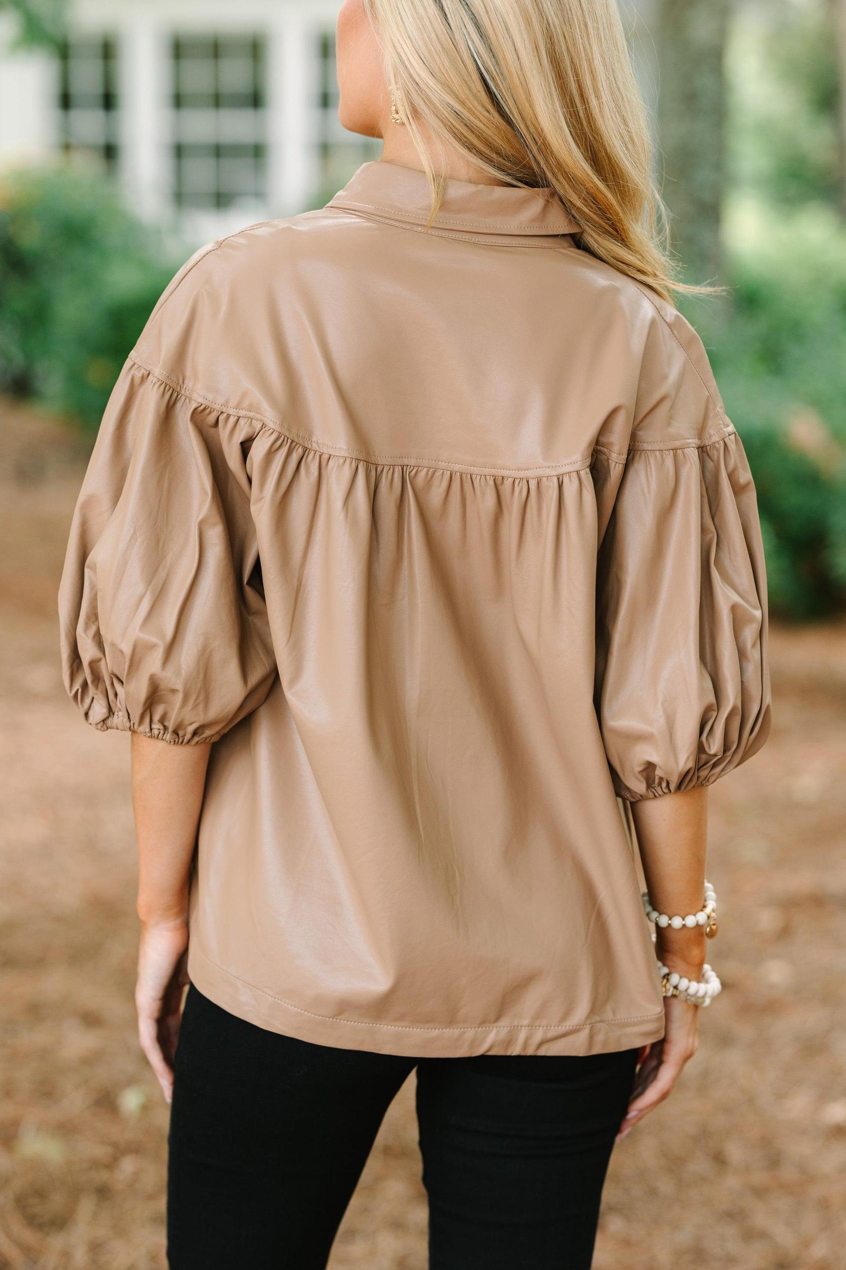 Back In Bold Camel Brown Faux Leather Blouse Female Product Image
