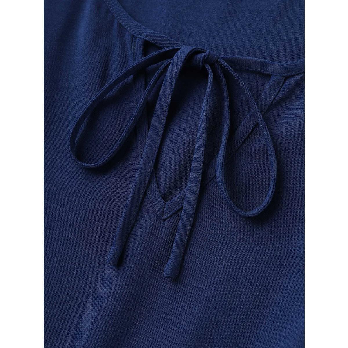 Plus Size Floral Embroidered Neck Tie Midi Dress Indigo Women Notched collar Short sleeve Curvy BloomChic 30/6X Product Image