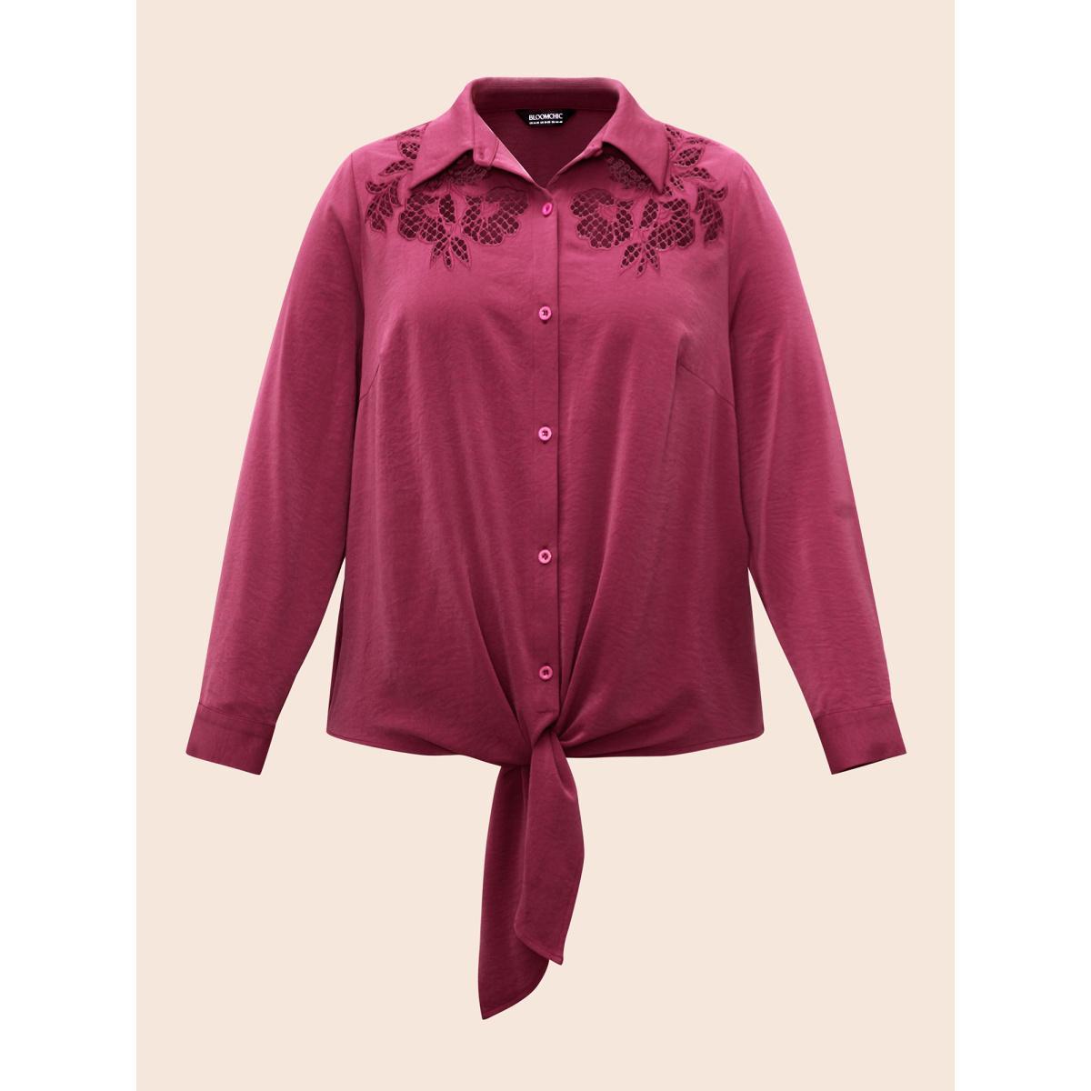 Plus Size RedViolet Shirt Collar Broderie Anglaise Tie Knot Blouse Women Elegant Long Sleeve Shirt collar Everyday Blouses BloomChic 12/L Product Image