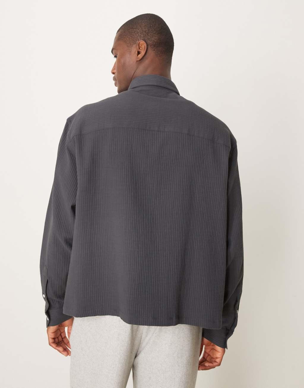 ASOS DESIGN oversized shirt with crinkle texture in dark gray Product Image