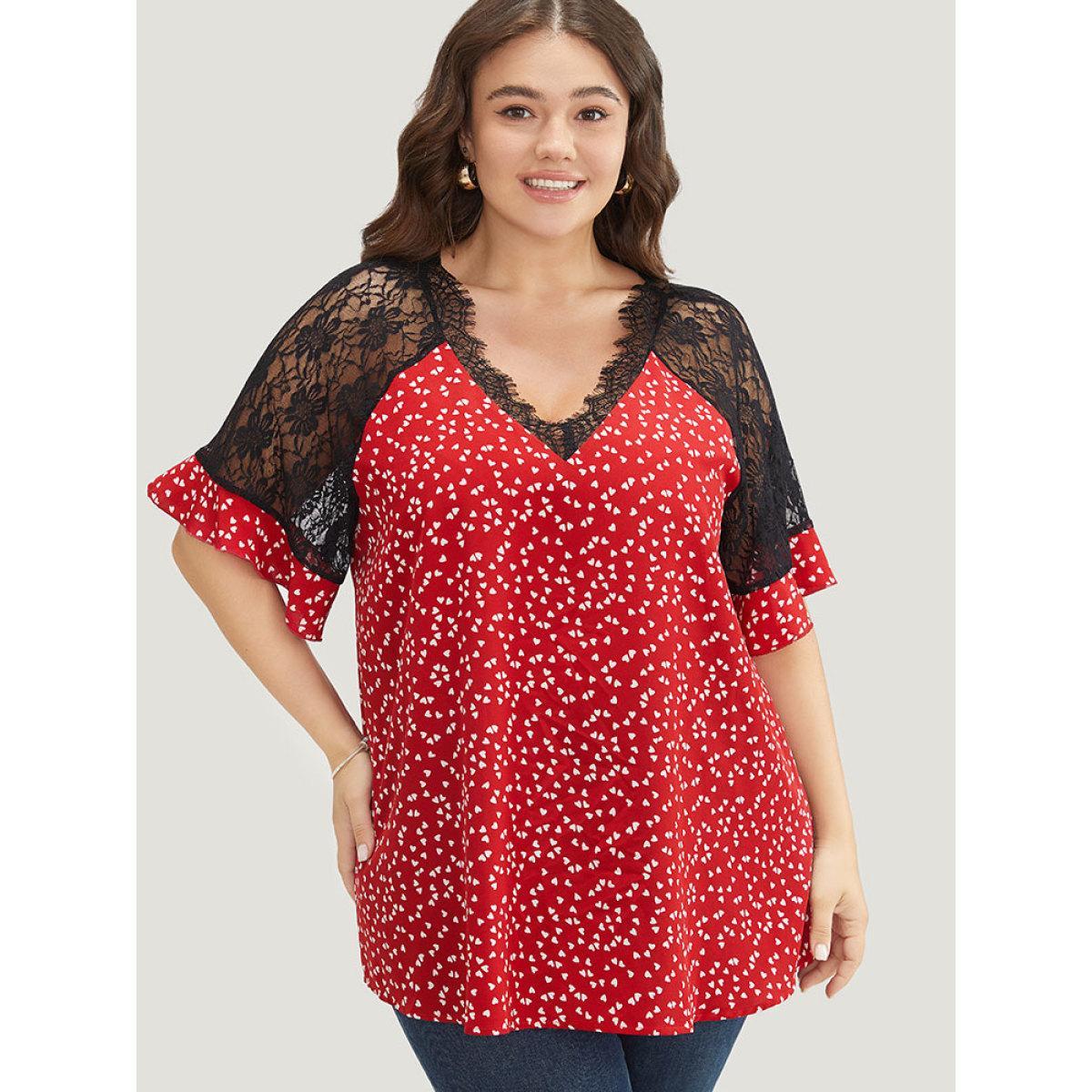 Plus Size Scarlet Heart Print Contrast Lace Ruffle Sleeve Blouse Women Elegant Half Sleeve V-neck Dailywear Blouses BloomChic 18-20/2X Product Image