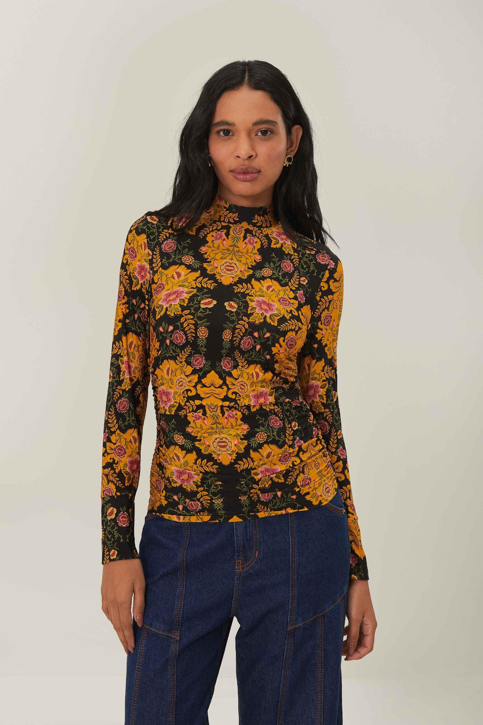 Black Arabesque Floral Jersey Blouse, ARABESQUE FLORAL BLACK / XL Product Image
