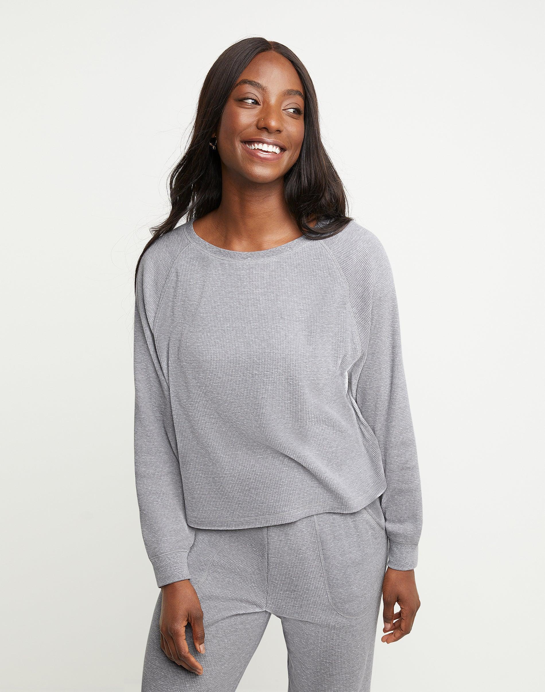 Hanes Originals Womens Waffle Long Sleeve Lounge Top Black 2XL Product Image
