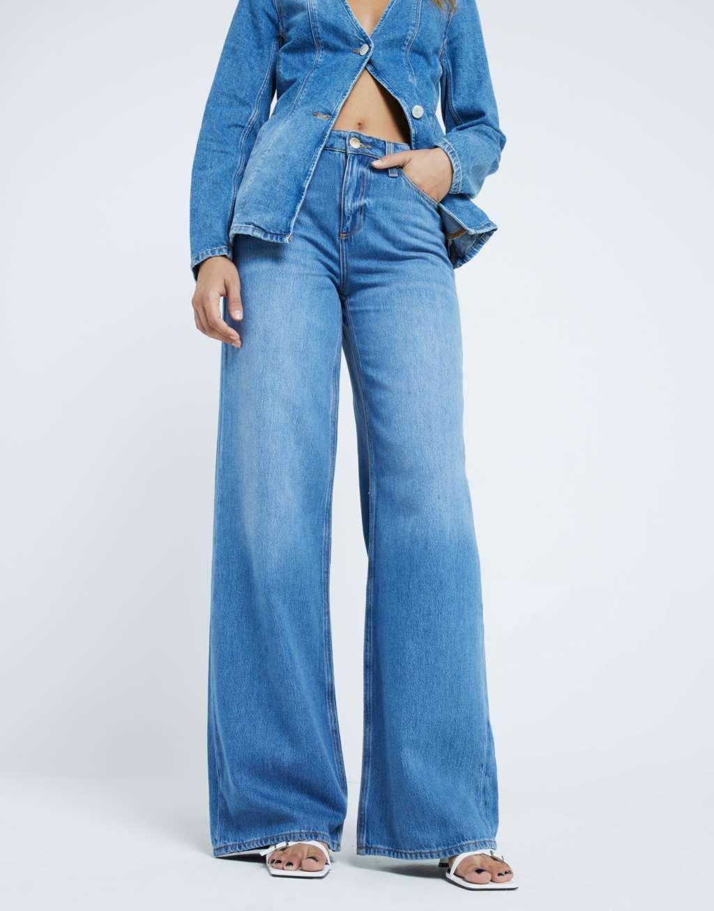 River Island wide leg jeans in midwash blue Product Image