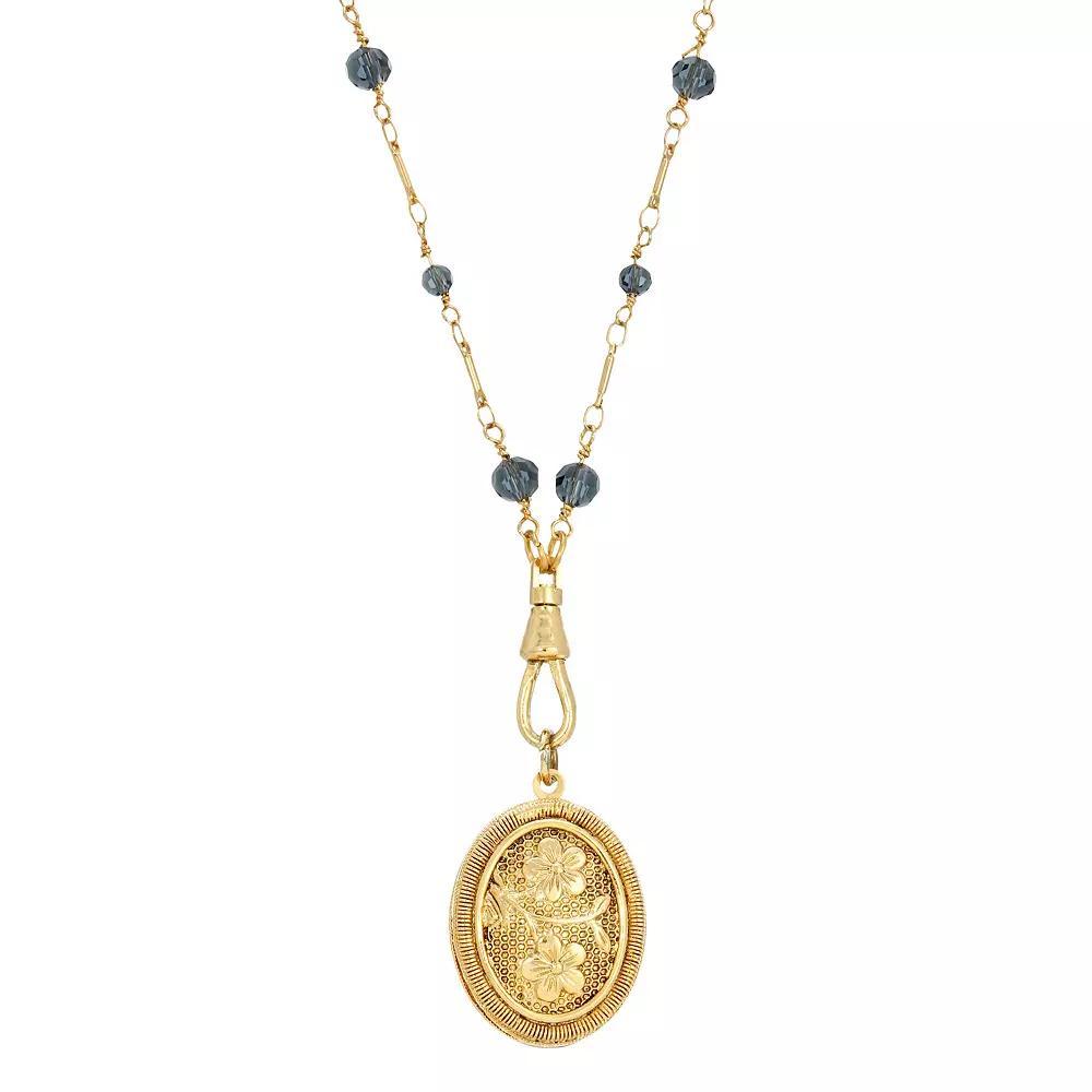 1928 Gold Tone Blue Beaded Oval Flower Locket Necklace, Womens Product Image