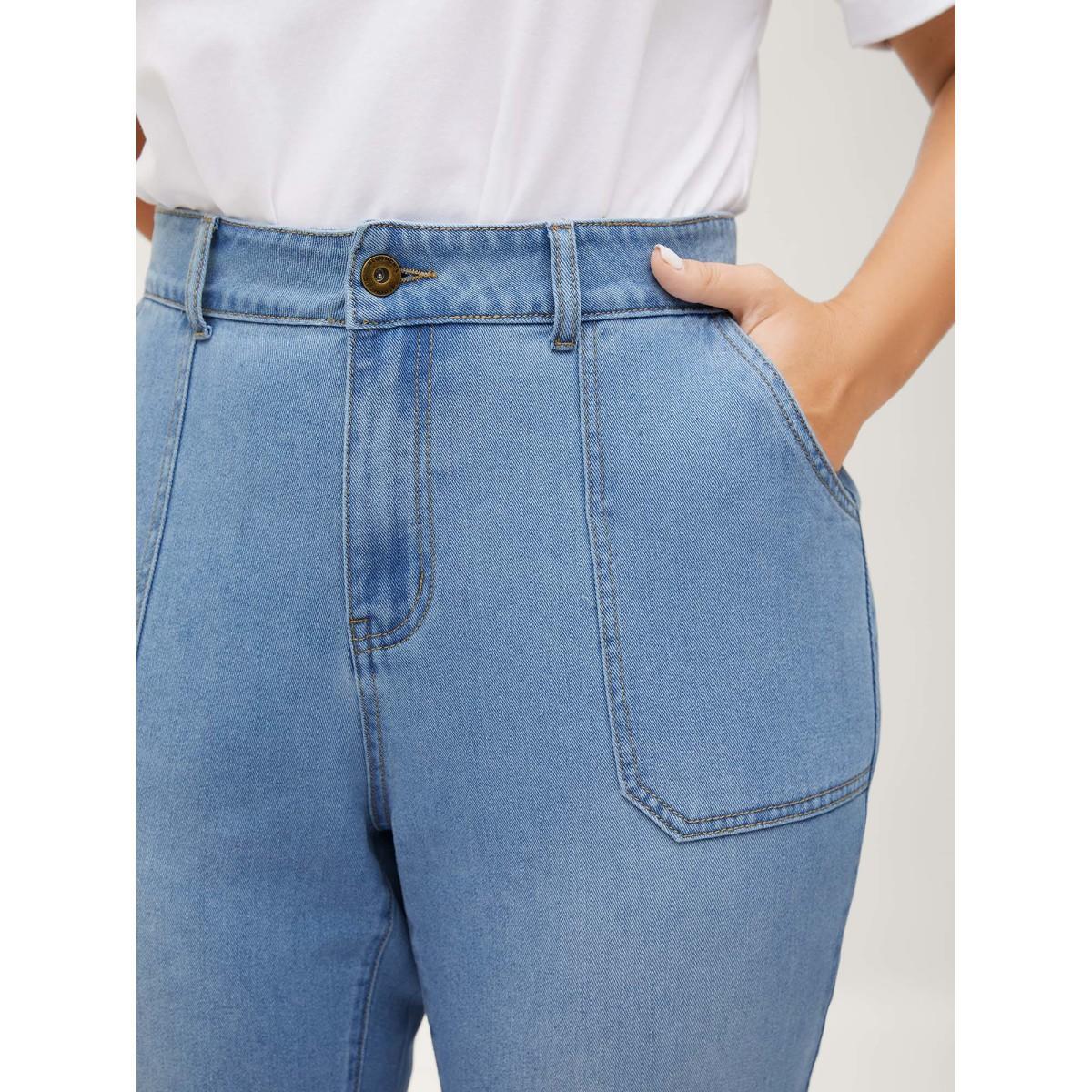 Plus Size Classic Flared Hem Mid-Rise Jeans Women Midblue Slanted pocket Jeans BloomChic 18/2X Product Image