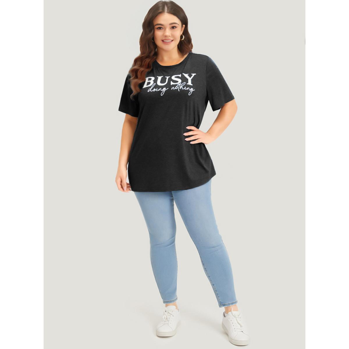Plus Size Letter Print Crew Neck T-shirt Black Women Casual Plain Letter Dailywear T-shirts BloomChic 10/M Product Image