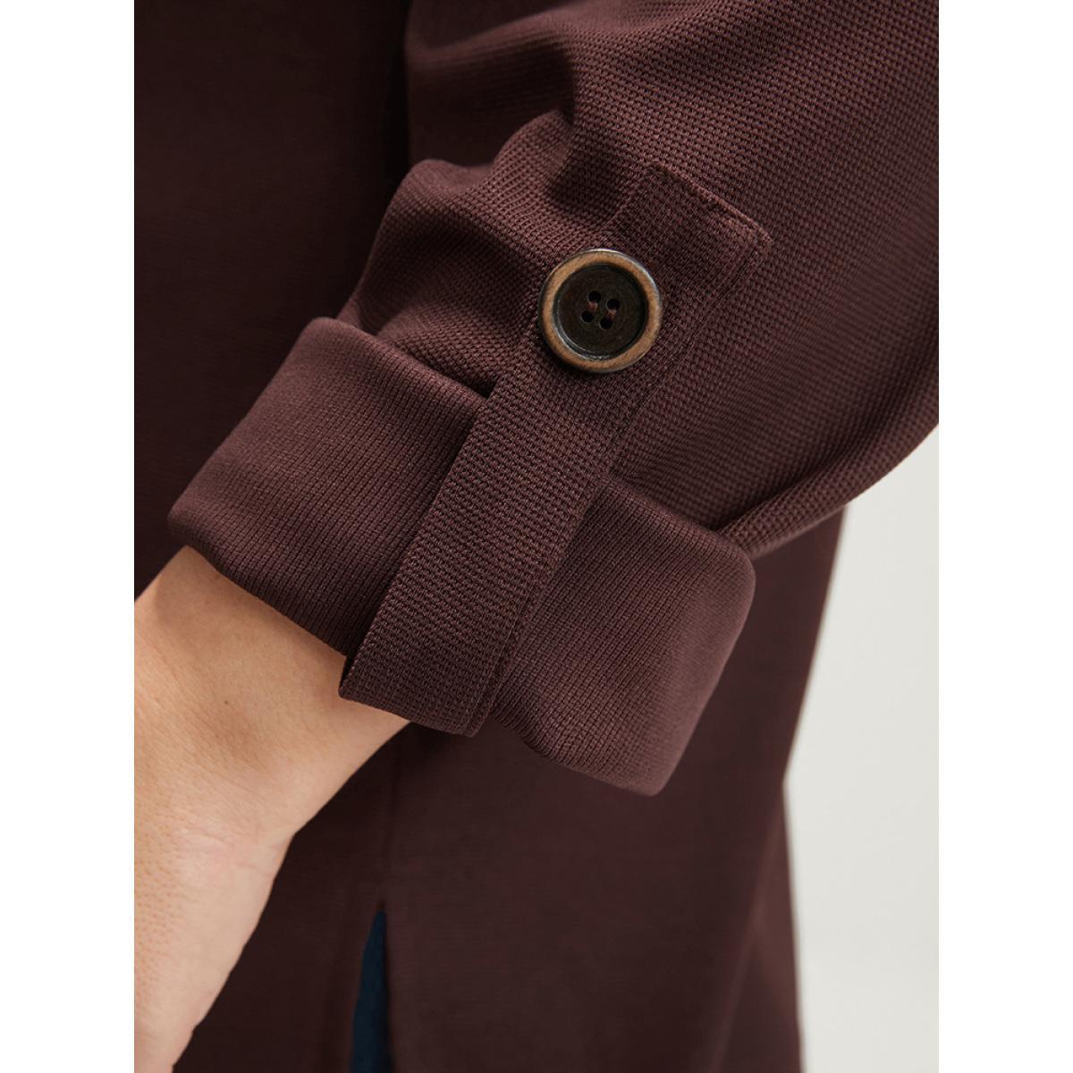 Plus Size Solid Cuffed Sleeve Split Hem Long Tee Burgundy Women Casual Button Plain V-neck Work T-shirts BloomChic 26/4X Product Image
