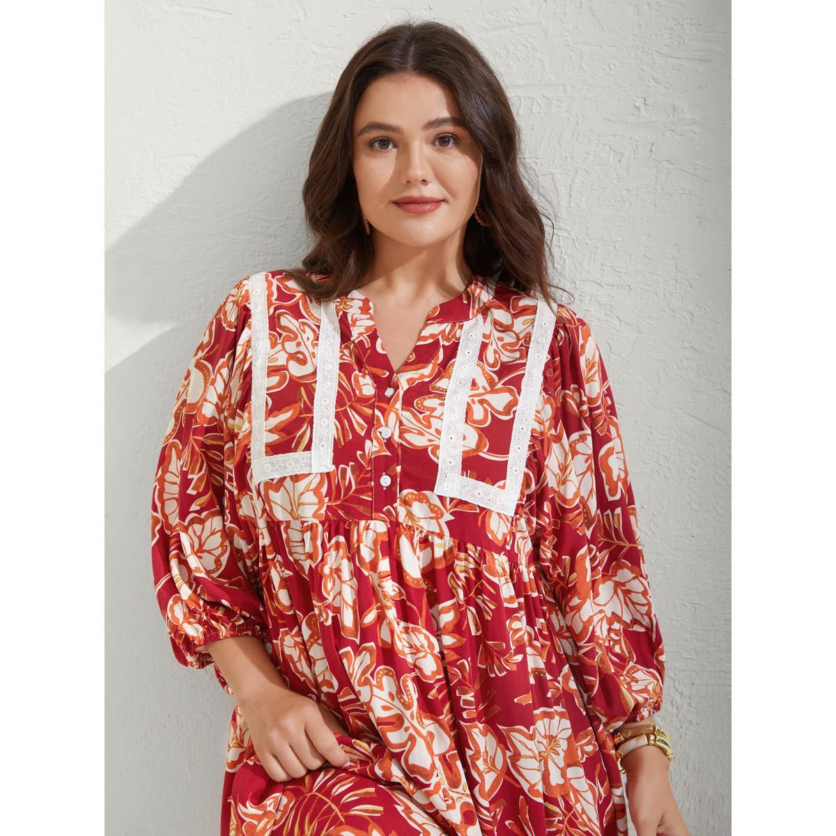 Plus Size Floral Lace Trim Button Front Midi Dress Raspberry Women Flat collar with V-notch Elbow-length sleeve Curvy BloomChic 12/L Product Image