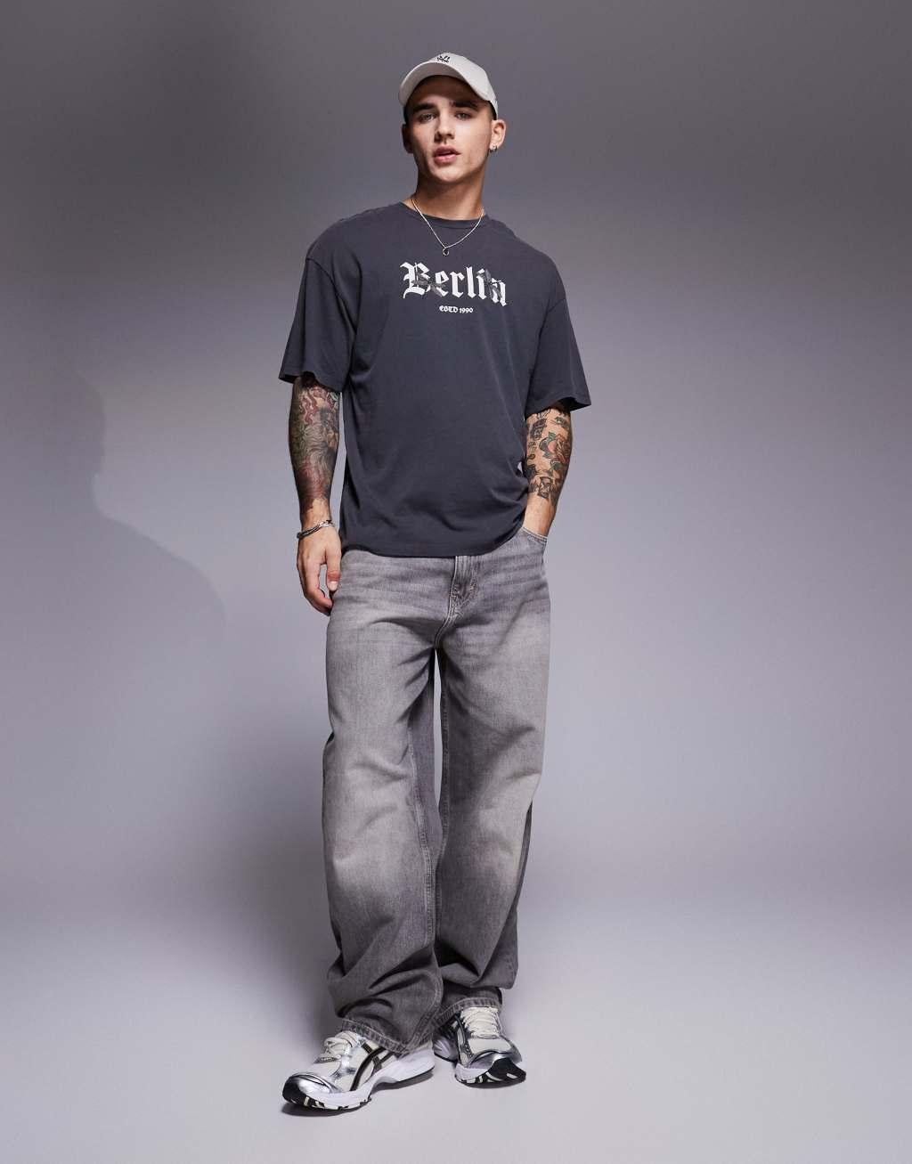 ADPT oversized Berlin print t-shirt in washed gray  Product Image