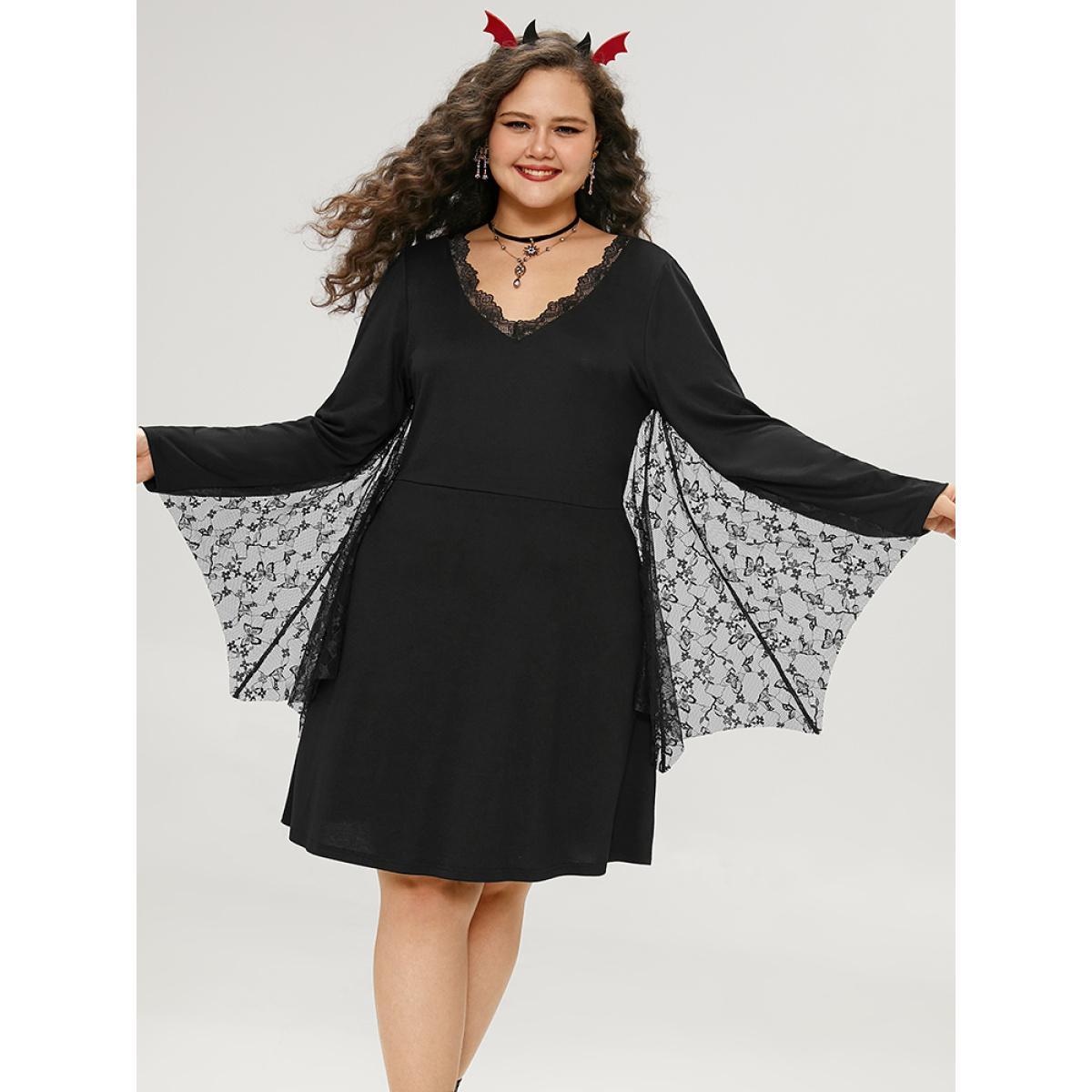 Plus Size Halloween Plain Contrast Lace Flutter Hem Dress DarkGreen Women Casual See through V-neck Long Sleeve Curvy Knee Dress BloomChic 26/4X Product Image
