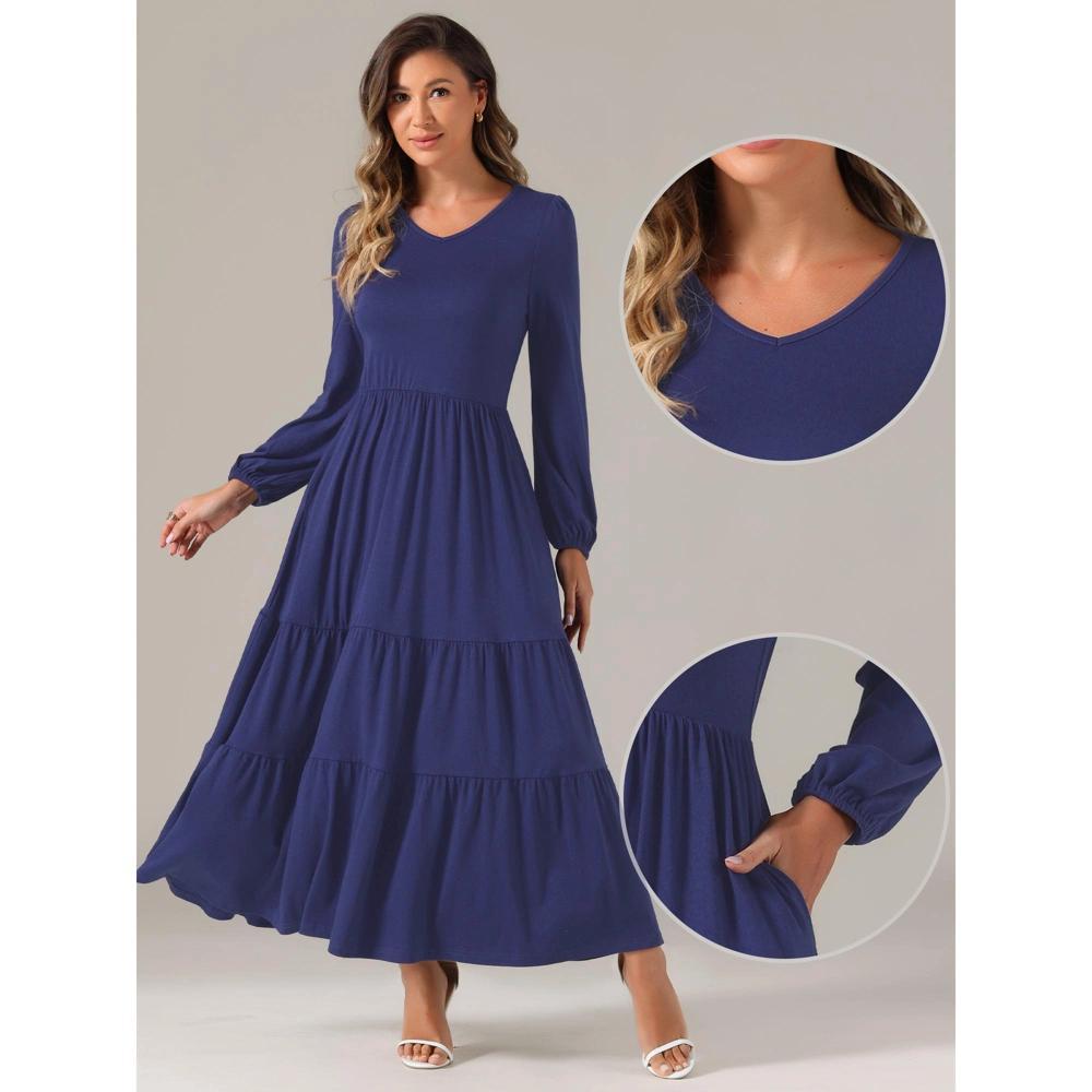 Allegra K Women's Tiered Crewneck Long Sleeve Midi Casual A-Line Dress with Pockets Product Image