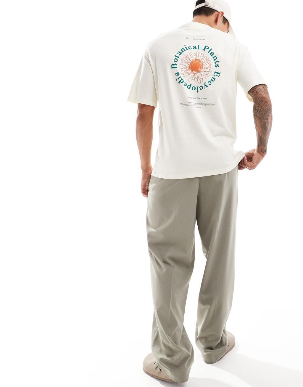 Selected Homme oversized t-shirt with botanical circle backprint in cream Product Image