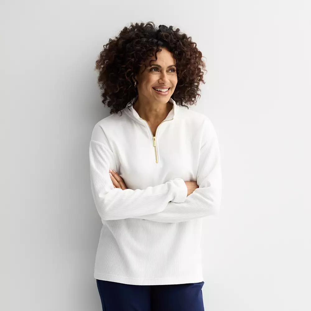 Petite Croft & Barrow® Quarter Zip Waffle Pullover, Women's, Size: XS Petite, White Knight Product Image