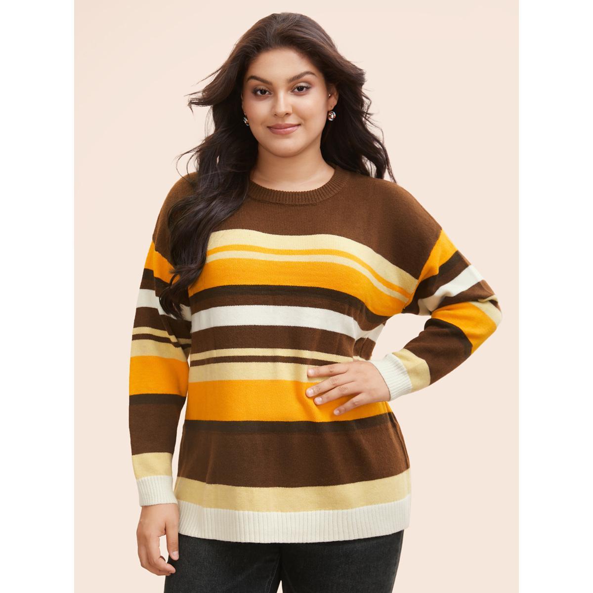 Plus Size Contrast Striped Drop Shoulder Sleeve Pullover Multicolor Women Casual Long Sleeve Round Neck Everyday Pullovers BloomChic 10/M Product Image