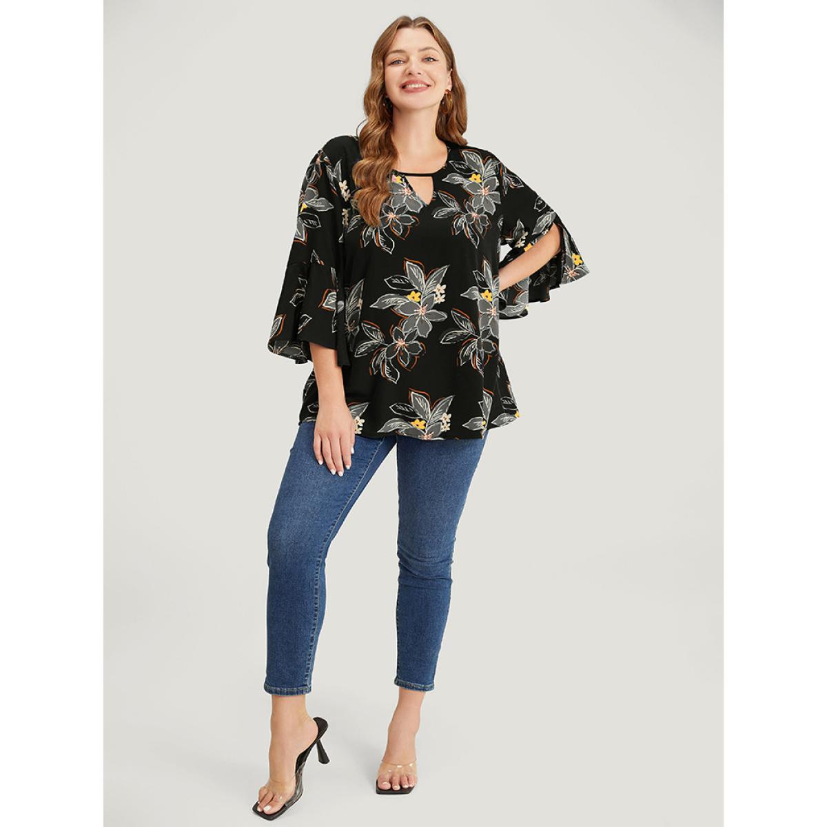 Plus Size Black Floral Print Keyhole Neck Split Bell Sleeve Blouse Women Elegant Elbow-length sleeve Round Neck Dailywear Blouses BloomChic 12/L Product Image