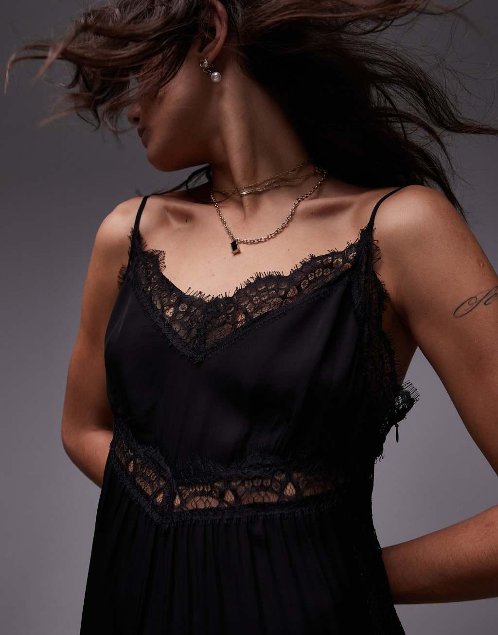 Topshop lace trim black midi dress in black technical fabric Product Image