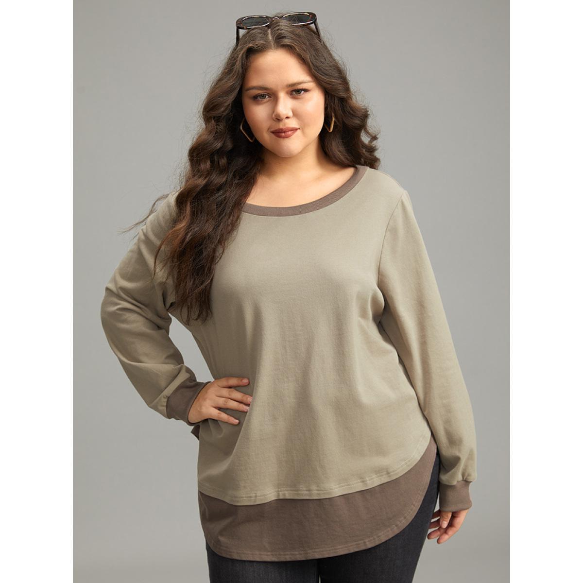Plus Size Cotton Two Tone Layered Sweatshirt Women LightBrown Casual Arc Hem Round Neck Dailywear Sweatshirts BloomChic 26/4X Product Image