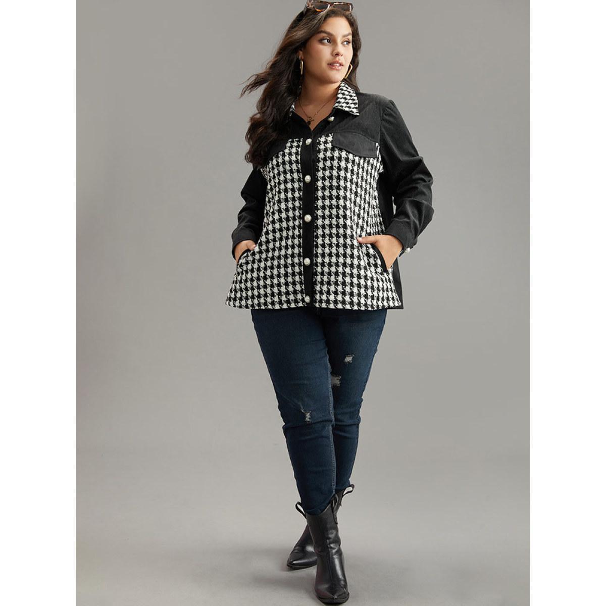 Plus Size Tweed Gingham Button Up Patchwork Pocket Contrast Coat Women Black Casual Contrast Ladies Dailywear Winter Coats BloomChic 22-24/3X Product Image