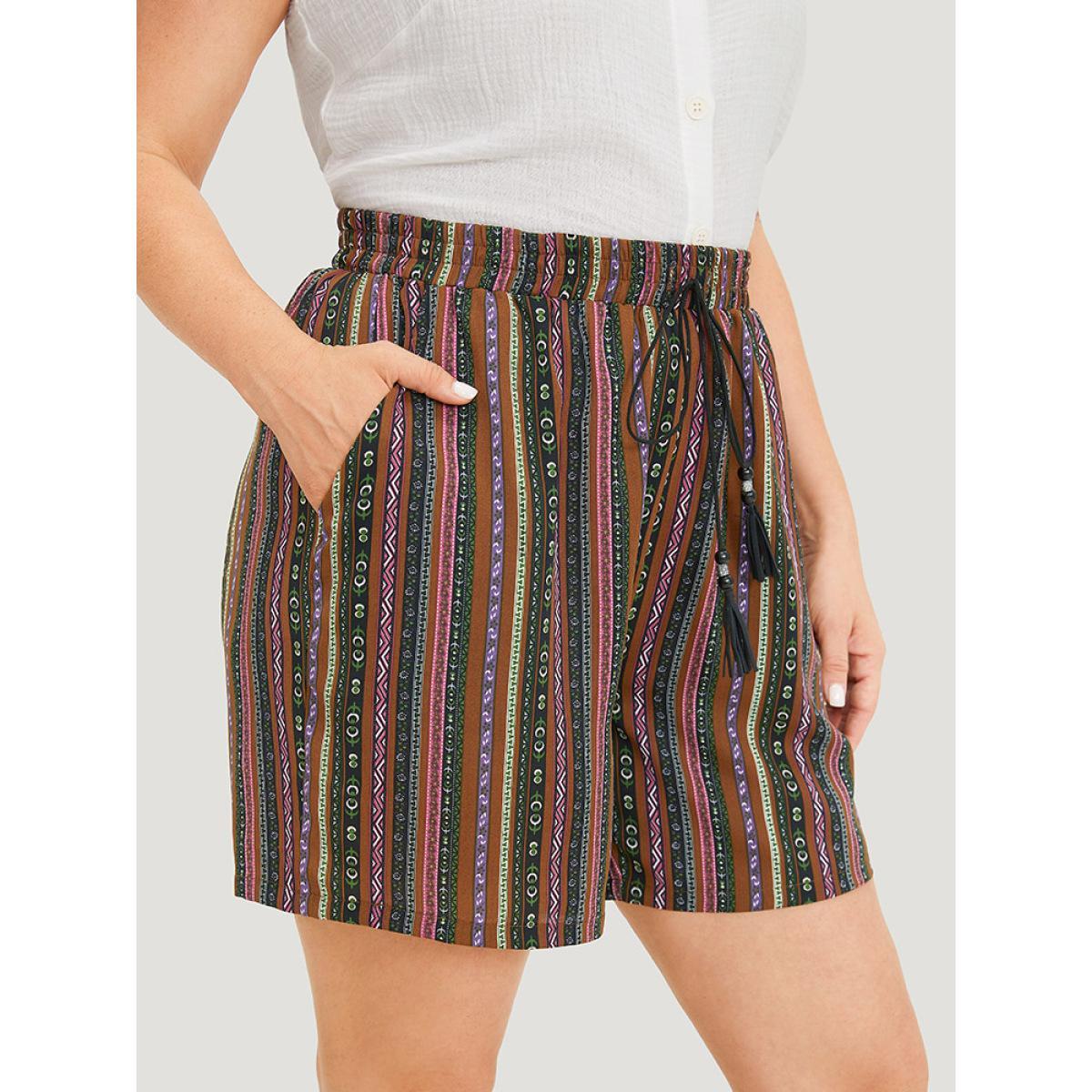 Plus Size Bandana Striped Drawstring Tassel Beaded Detail Shorts Women Multicolor Vacation Tassels Dailywear Shorts BloomChic 22-24/3X Product Image